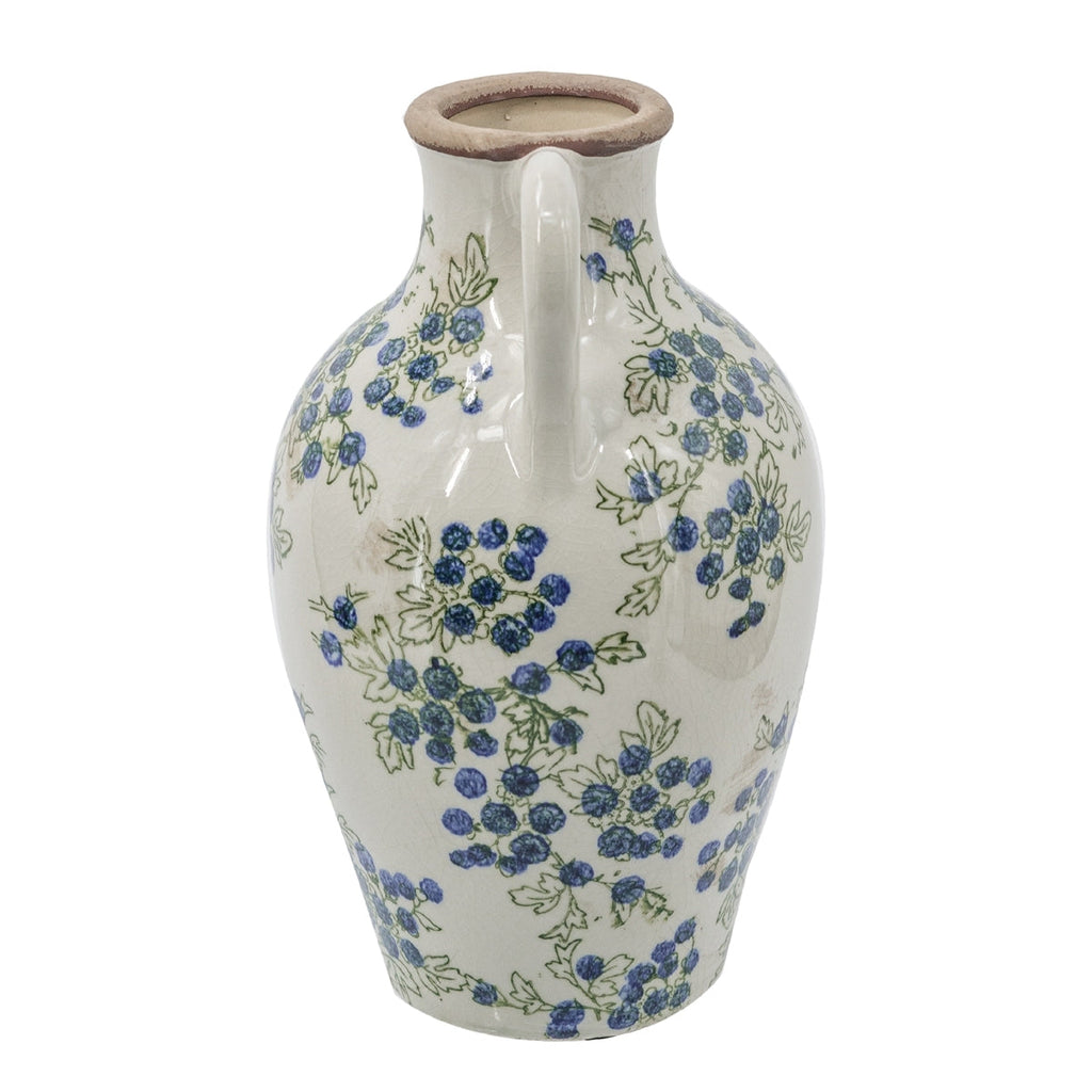 Ceramic Pitcher Vase with Blue Floral Design